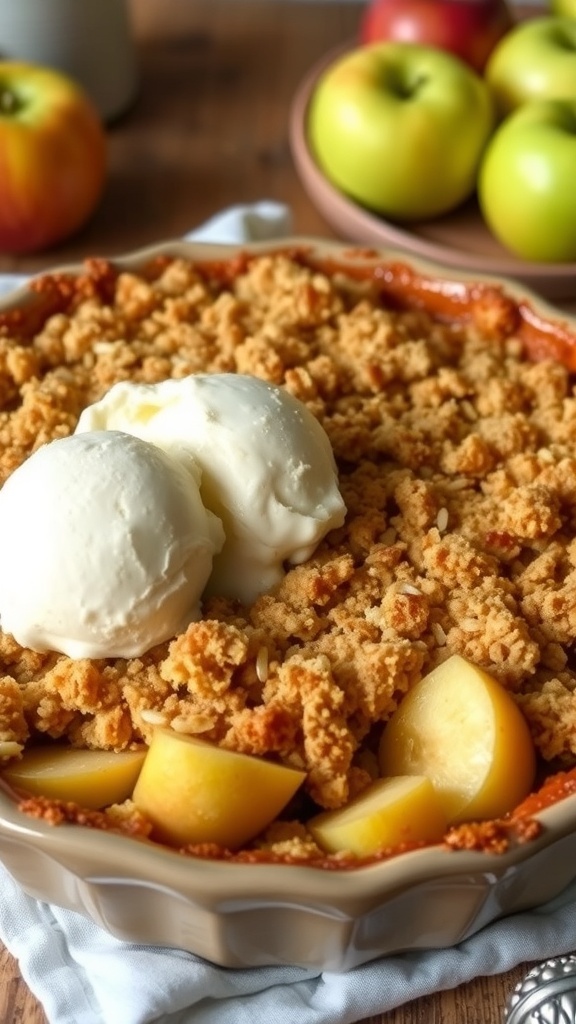 A delicious sugar-free apple crumble in a baking dish, topped with a golden crumble and served with vanilla ice cream.